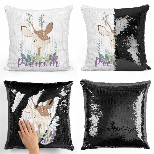 coussin pillow mermaid à sequin magique enfant reversible et personnalisable avec motif faon de couleur noir