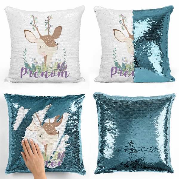 coussin pillow mermaid à sequin magique enfant reversible et personnalisable avec motif faon de couleur bleu clair