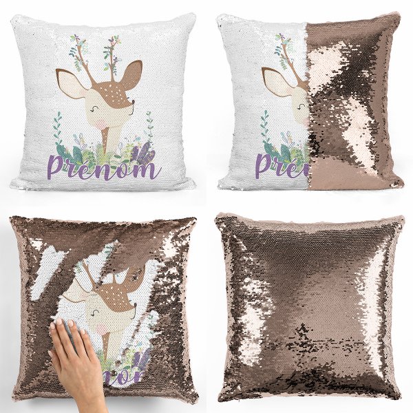 coussin pillow mermaid à sequin magique enfant reversible et personnalisable avec motif faon de couleur champagne