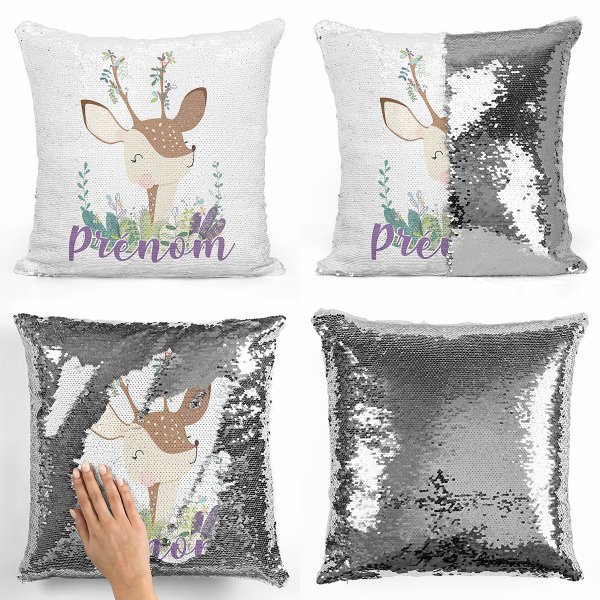 coussin pillow mermaid à sequin magique enfant reversible et personnalisable avec motif faon de couleur argent