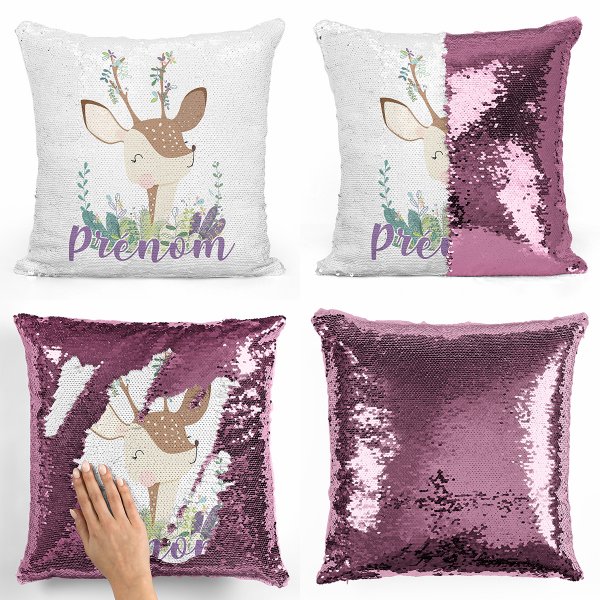 coussin pillow mermaid à sequin magique enfant reversible et personnalisable avec motif faon de couleur rose clair