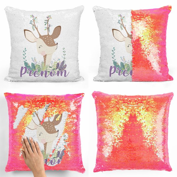 coussin pillow mermaid à sequin magique enfant reversible et personnalisable avec motif faon de couleur orange nacré