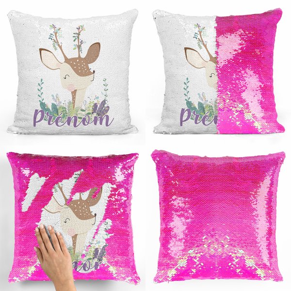 coussin pillow mermaid à sequin magique enfant reversible et personnalisable avec motif faon de couleur rose nacré