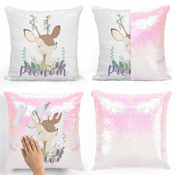 coussin pillow mermaid à sequin magique enfant reversible et personnalisable avec motif faon de couleur blanc nacré