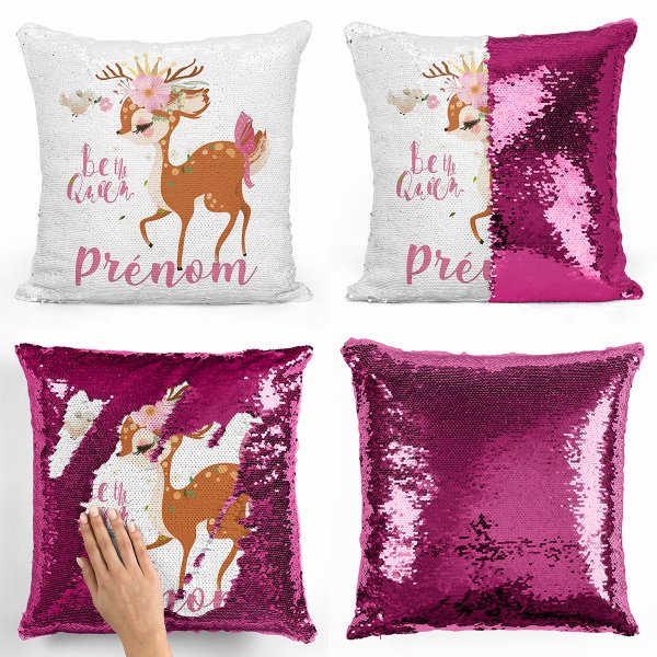 coussin pillow mermaid à sequin magique enfant reversible et personnalisable avec motif faon be the queen de couleur fushia