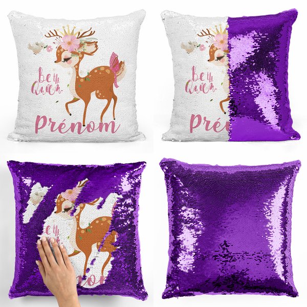 coussin pillow mermaid à sequin magique enfant reversible et personnalisable avec motif faon be the queen de couleur violet