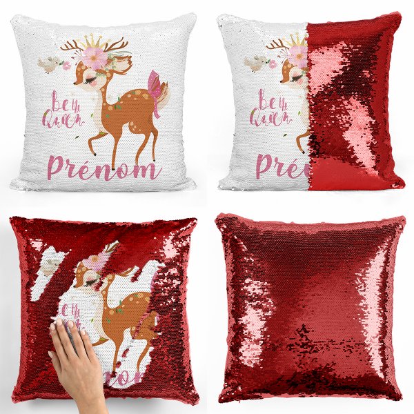 coussin pillow mermaid à sequin magique enfant reversible et personnalisable avec motif faon be the queen de couleur rouge