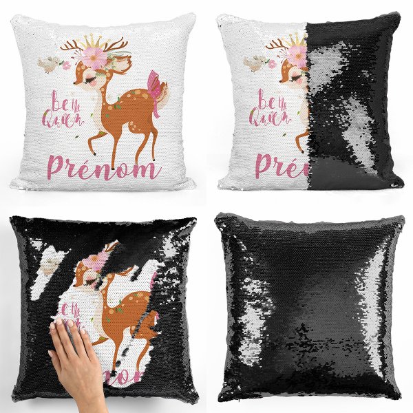 coussin pillow mermaid à sequin magique enfant reversible et personnalisable avec motif faon be the queen de couleur noir