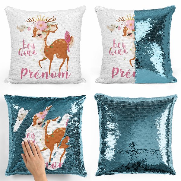 coussin pillow mermaid à sequin magique enfant reversible et personnalisable avec motif faon be the queen de couleur bleu clair