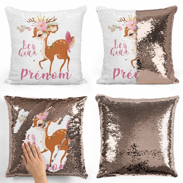 coussin pillow mermaid à sequin magique enfant reversible et personnalisable avec motif faon be the queen de couleur champagne