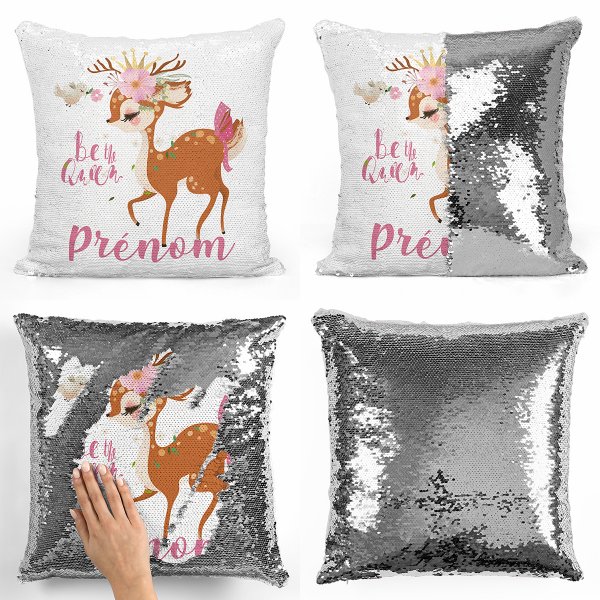 coussin pillow mermaid à sequin magique enfant reversible et personnalisable avec motif faon be the queen de couleur argent