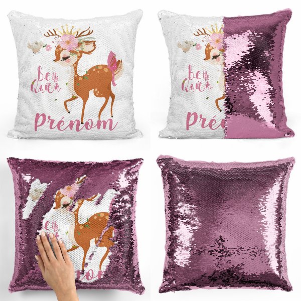 coussin pillow mermaid à sequin magique enfant reversible et personnalisable avec motif faon be the queen de couleur rose clair