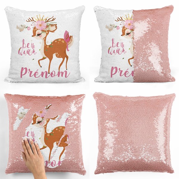 coussin pillow mermaid à sequin magique enfant reversible et personnalisable avec motif faon be the queen de couleur saumon