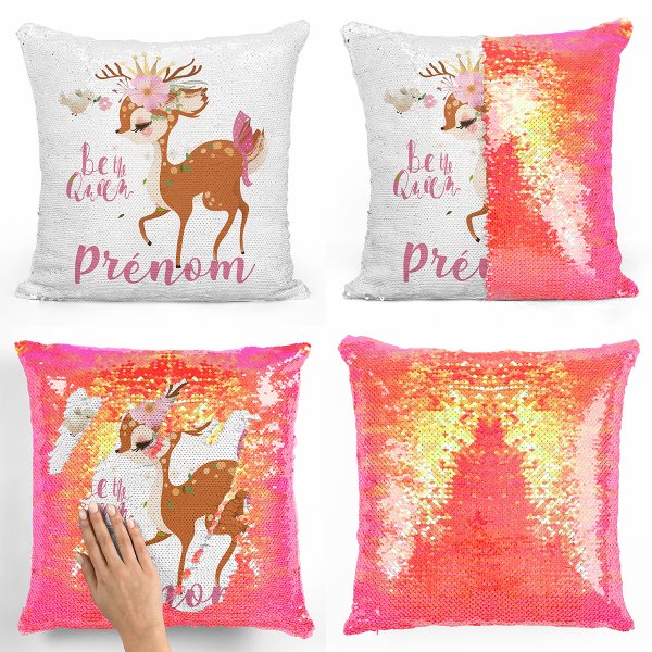 coussin pillow mermaid à sequin magique enfant reversible et personnalisable avec motif faon be the queen de couleur orange nacré