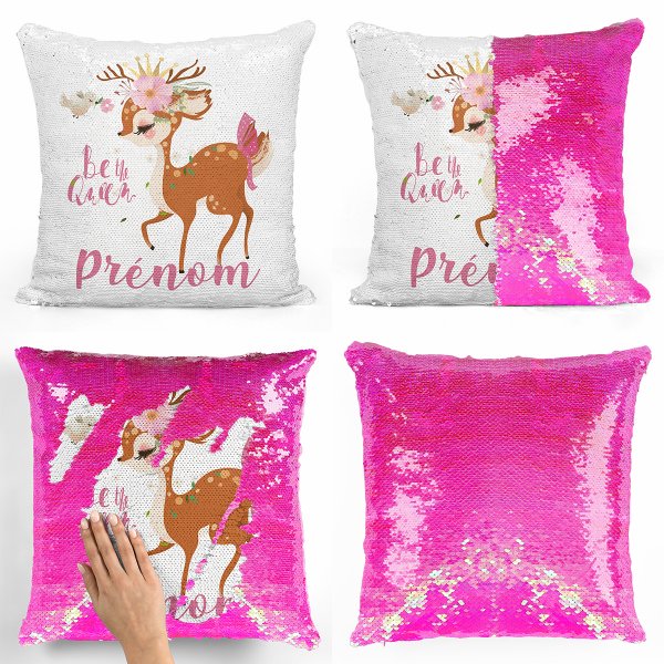 coussin pillow mermaid à sequin magique enfant reversible et personnalisable avec motif faon be the queen de couleur rose nacré