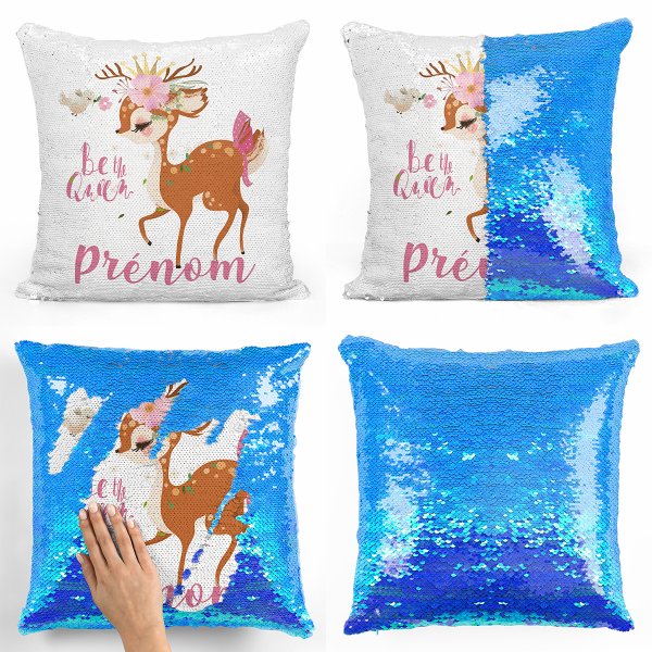 coussin pillow mermaid à sequin magique enfant reversible et personnalisable avec motif faon be the queen de couleur bleu nacré