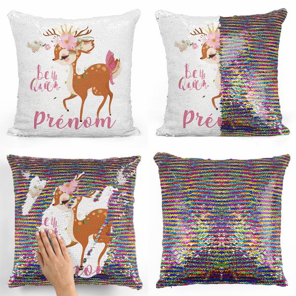 coussin pillow mermaid à sequin magique enfant reversible et personnalisable avec motif faon be the queen de couleur multicolore