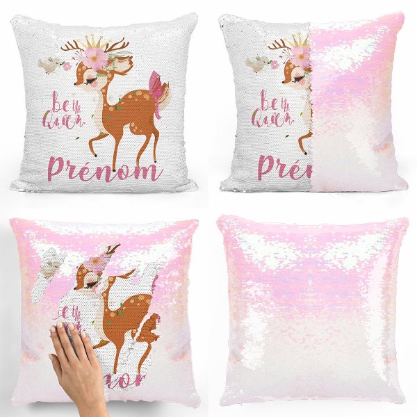 coussin pillow mermaid à sequin magique enfant reversible et personnalisable avec motif faon be the queen de couleur blanc nacré