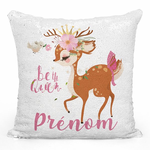 coussin pillow mermaid à sequin magique enfant reversible et personnalisable avec motif faon be the queen