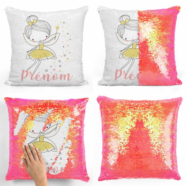 coussin pillow mermaid à sequin magique enfant reversible et personnalisable avec motif fée étoiles de couleur orange nacré