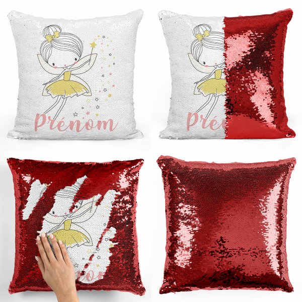 coussin pillow mermaid à sequin magique enfant reversible et personnalisable avec motif fée étoiles de couleur rouge