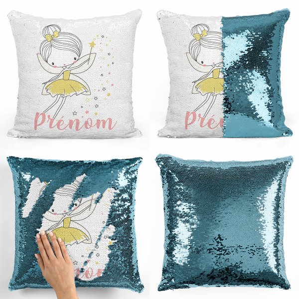 coussin pillow mermaid à sequin magique enfant reversible et personnalisable avec motif fée étoiles de couleur bleu clair