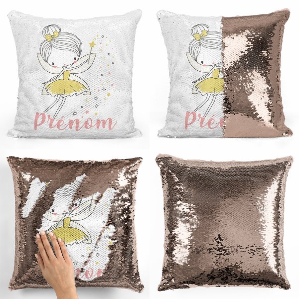 coussin pillow mermaid à sequin magique enfant reversible et personnalisable avec motif fée étoiles de couleur champagne