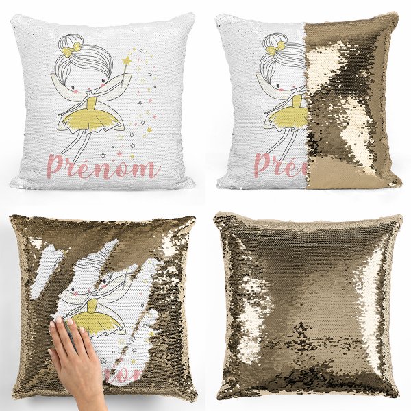 coussin pillow mermaid à sequin magique enfant reversible et personnalisable avec motif fée étoiles de couleur or doré