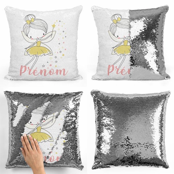 coussin pillow mermaid à sequin magique enfant reversible et personnalisable avec motif fée étoiles de couleur argent