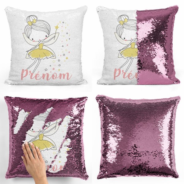 coussin pillow mermaid à sequin magique enfant reversible et personnalisable avec motif fée étoiles de couleur rose clair