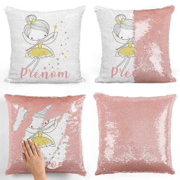 coussin pillow mermaid à sequin magique enfant reversible et personnalisable avec motif fée étoiles de couleur saumon