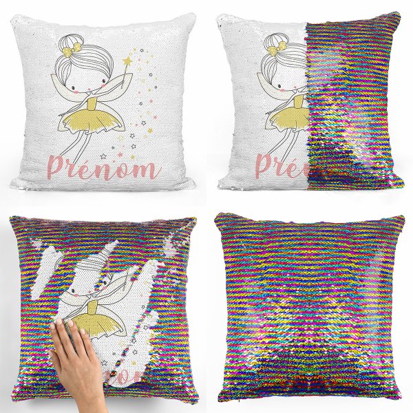 coussin pillow mermaid à sequin magique enfant reversible et personnalisable avec motif fée étoiles de couleur multicolore