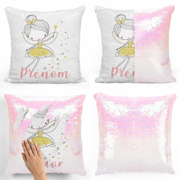 coussin pillow mermaid à sequin magique enfant reversible et personnalisable avec motif fée étoiles de couleur blanc nacré