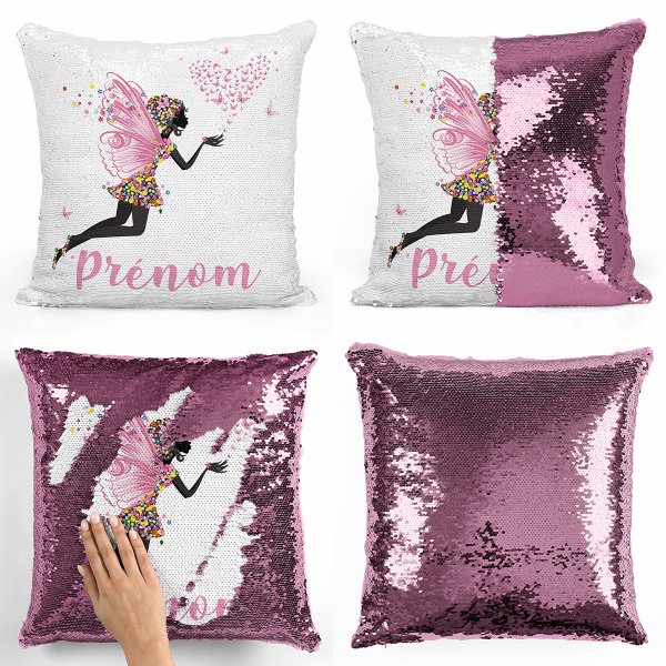 coussin pillow mermaid à sequin magique enfant reversible et personnalisable avec motif fée coeur papillons de couleur rose clair