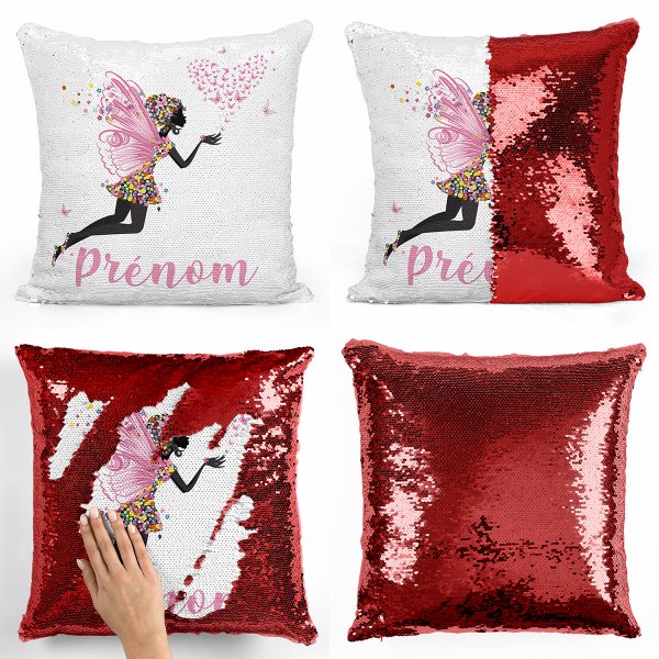 coussin pillow mermaid à sequin magique enfant reversible et personnalisable avec motif fée coeur papillons de couleur rouge