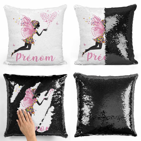 coussin pillow mermaid à sequin magique enfant reversible et personnalisable avec motif fée coeur papillons de couleur noir