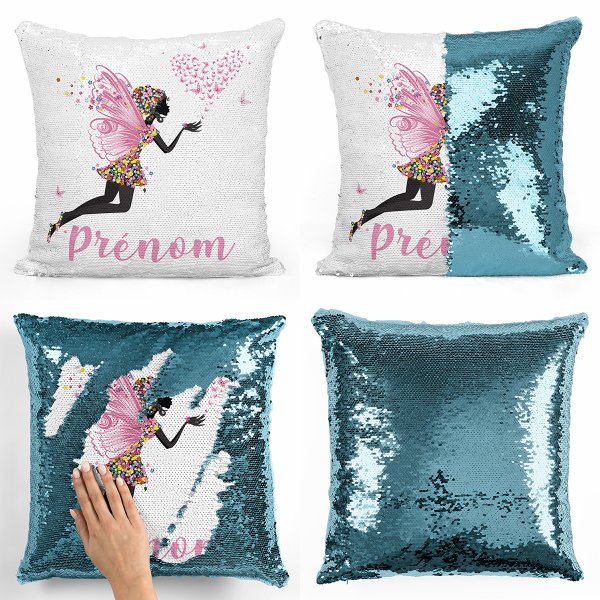 coussin pillow mermaid à sequin magique enfant reversible et personnalisable avec motif fée coeur papillons de couleur bleu clair