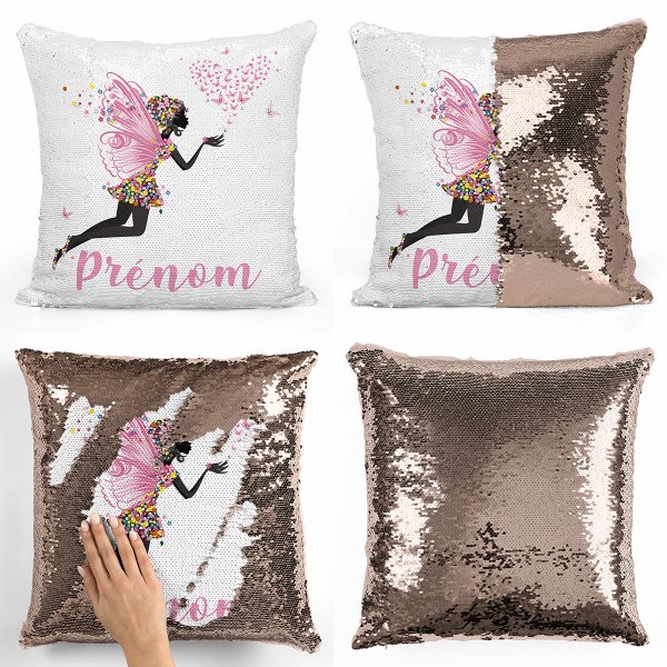 coussin pillow mermaid à sequin magique enfant reversible et personnalisable avec motif fée coeur papillons de couleur champagne