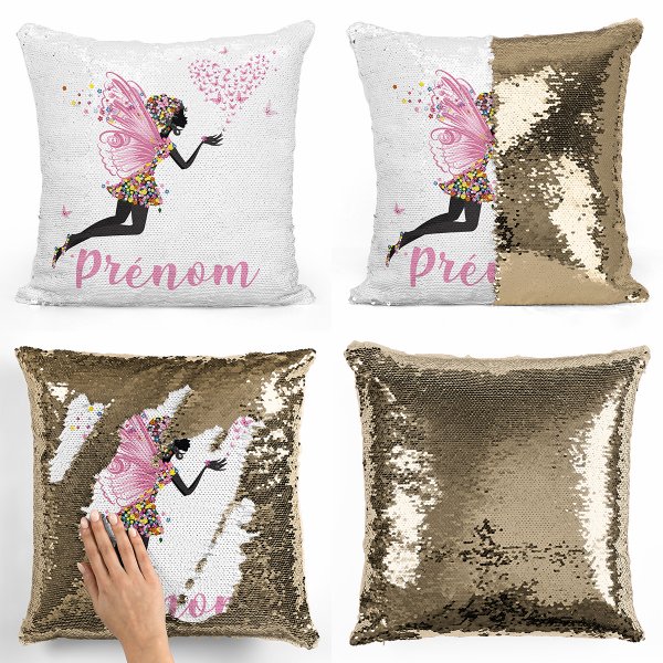 coussin pillow mermaid à sequin magique enfant reversible et personnalisable avec motif fée coeur papillons de couleur or doré