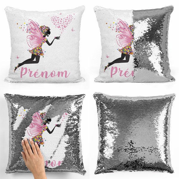 coussin pillow mermaid à sequin magique enfant reversible et personnalisable avec motif fée coeur papillons de couleur argent