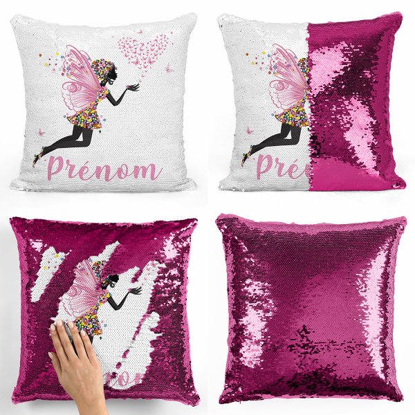 coussin pillow mermaid à sequin magique enfant reversible et personnalisable avec motif fée coeur papillons de couleur fushia