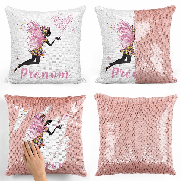 coussin pillow mermaid à sequin magique enfant reversible et personnalisable avec motif fée coeur papillons de couleur saumon