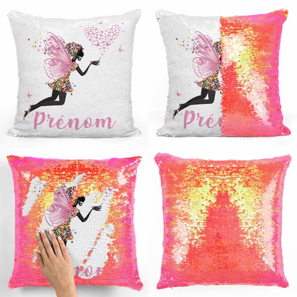 coussin pillow mermaid à sequin magique enfant reversible et personnalisable avec motif fée coeur papillons de couleur orange nacré