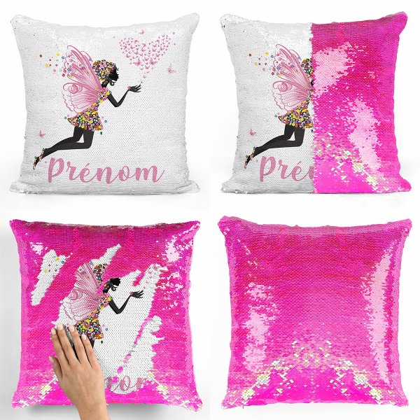coussin pillow mermaid à sequin magique enfant reversible et personnalisable avec motif fée coeur papillons de couleur rose nacré