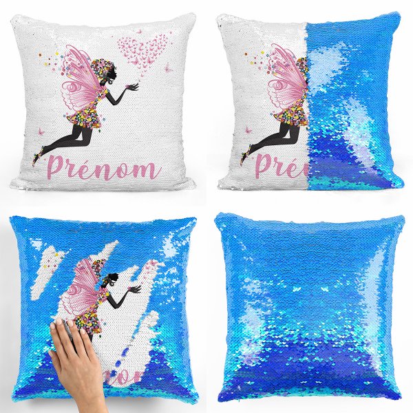 coussin pillow mermaid à sequin magique enfant reversible et personnalisable avec motif fée coeur papillons de couleur bleu nacré