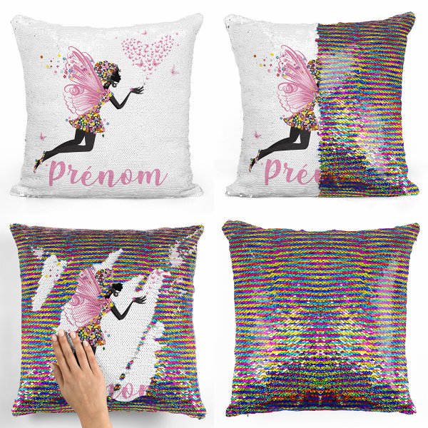 coussin pillow mermaid à sequin magique enfant reversible et personnalisable avec motif fée coeur papillons de couleur multicolore