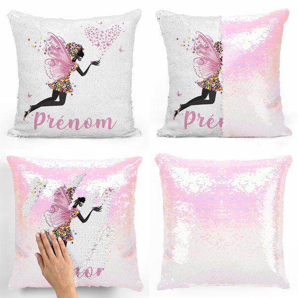 coussin pillow mermaid à sequin magique enfant reversible et personnalisable avec motif fée coeur papillons de couleur blanc nacré