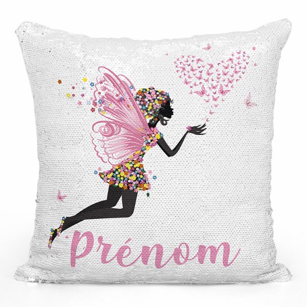 coussin pillow mermaid à sequin magique enfant reversible et personnalisable avec motif fée coeur papillons