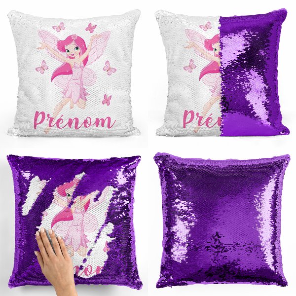 coussin pillow mermaid à sequin magique enfant reversible et personnalisable avec motif fée papillons de couleur violet
