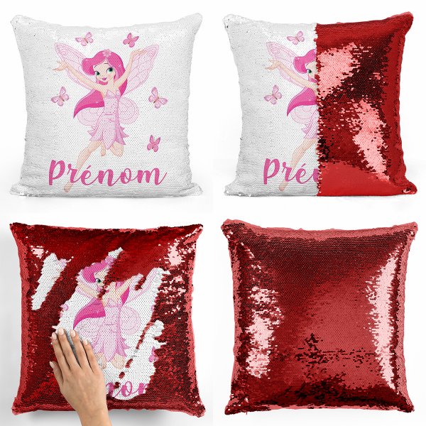 coussin pillow mermaid à sequin magique enfant reversible et personnalisable avec motif fée papillons de couleur rouge